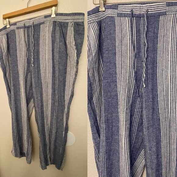 OLD NAVY Linen coastal blue Stripe Wide Leg hi rise pull on palazzo pant XXL - Picture 2 of 13